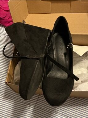 Black Suede Mary Jane Wedge Heels with Strap